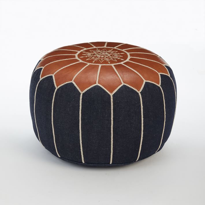 Moroccan Denim and Leather Pouf