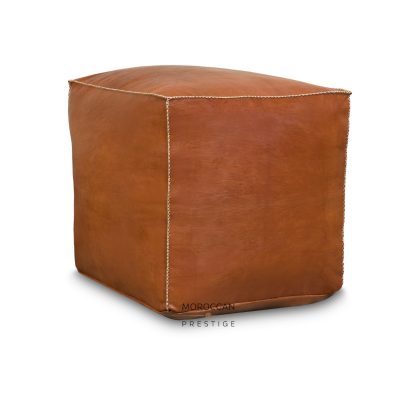 Leather Moroccan Pouf - Cube Tan 19"